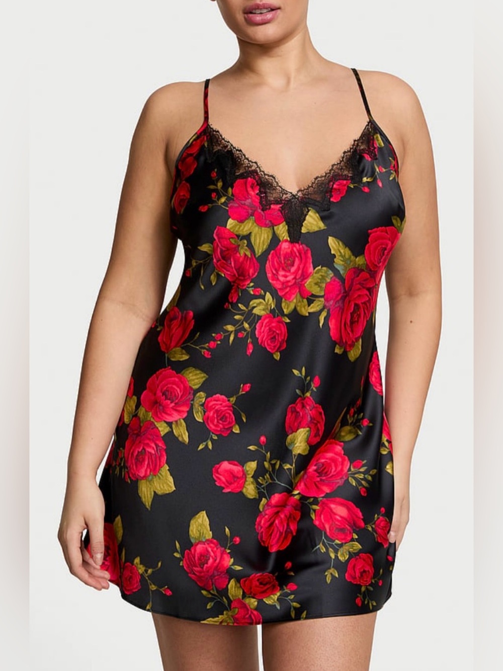 Victoria’s Secret Satin & Rose Lace Mini Slip  Glamorous Rose Black/Red Size XL